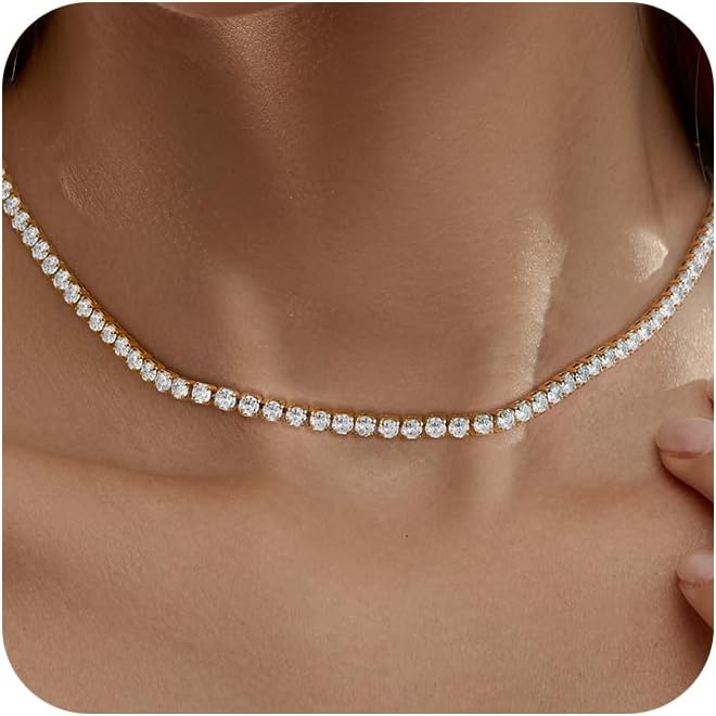 Robaice Tennis Necklace for Women, 14K Gold/Silver Plated Rhinestone Choker Necklace for Women, Dainty Cubic Zirconia Cut Faux Diamond Chain - Image 1